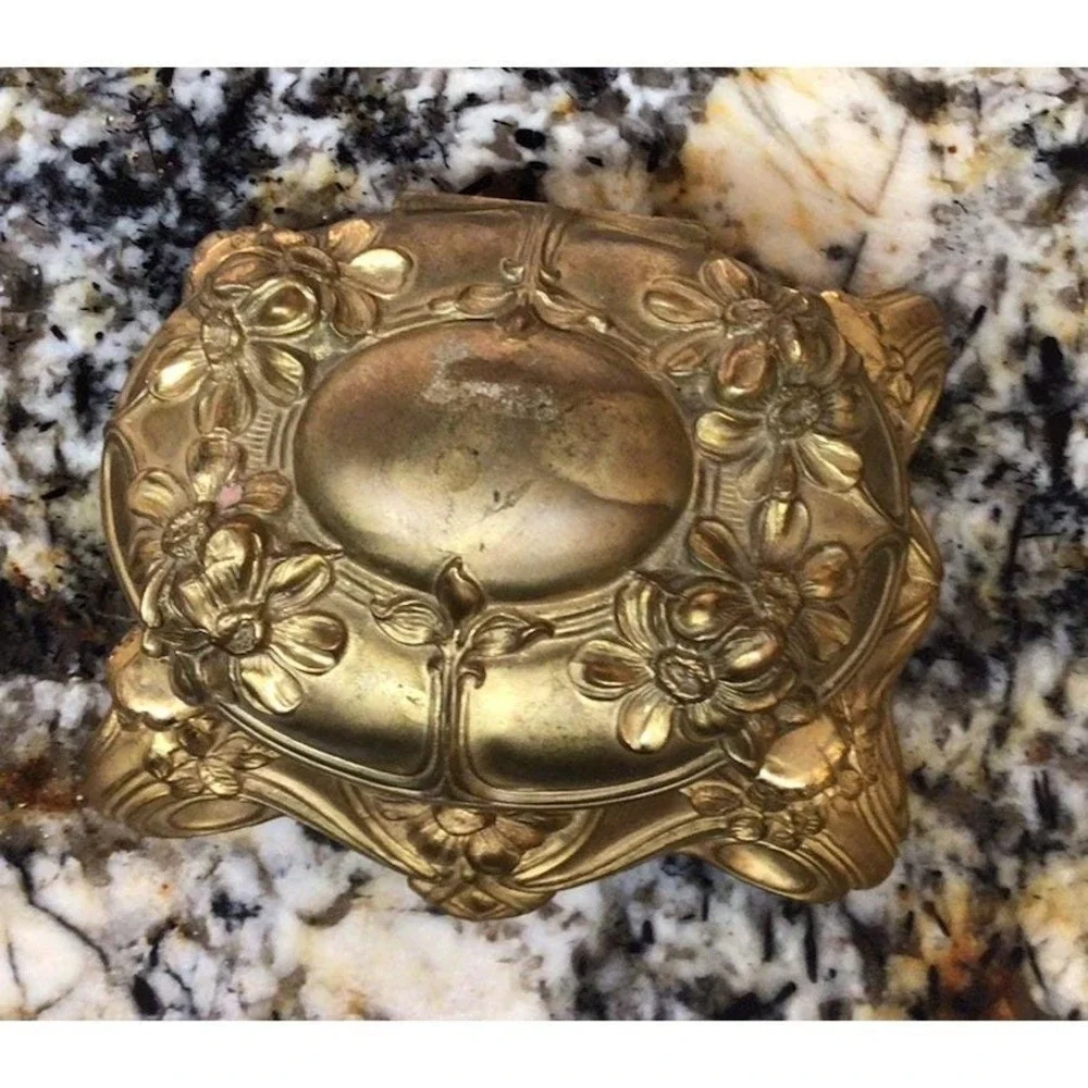 Vintage Ornate Jewelry Casket Trinket Box Gold Tone Floral Footed Vanity Box Hea